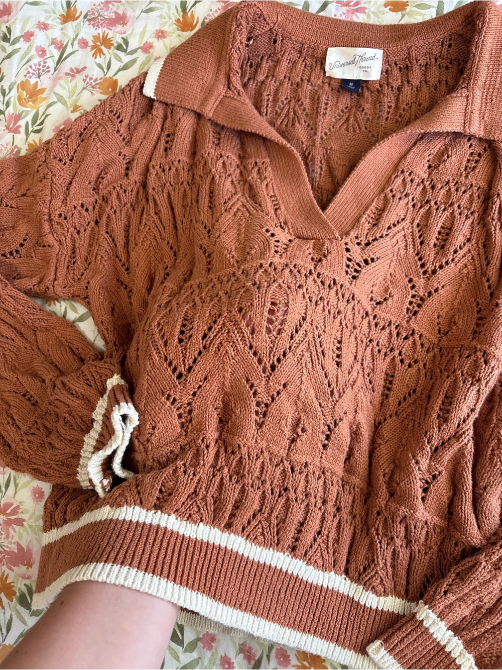 Universal Thread Long Sleeve Open Knit Sweater Size M Brown White Stripes Fall - Picture 5 of 6